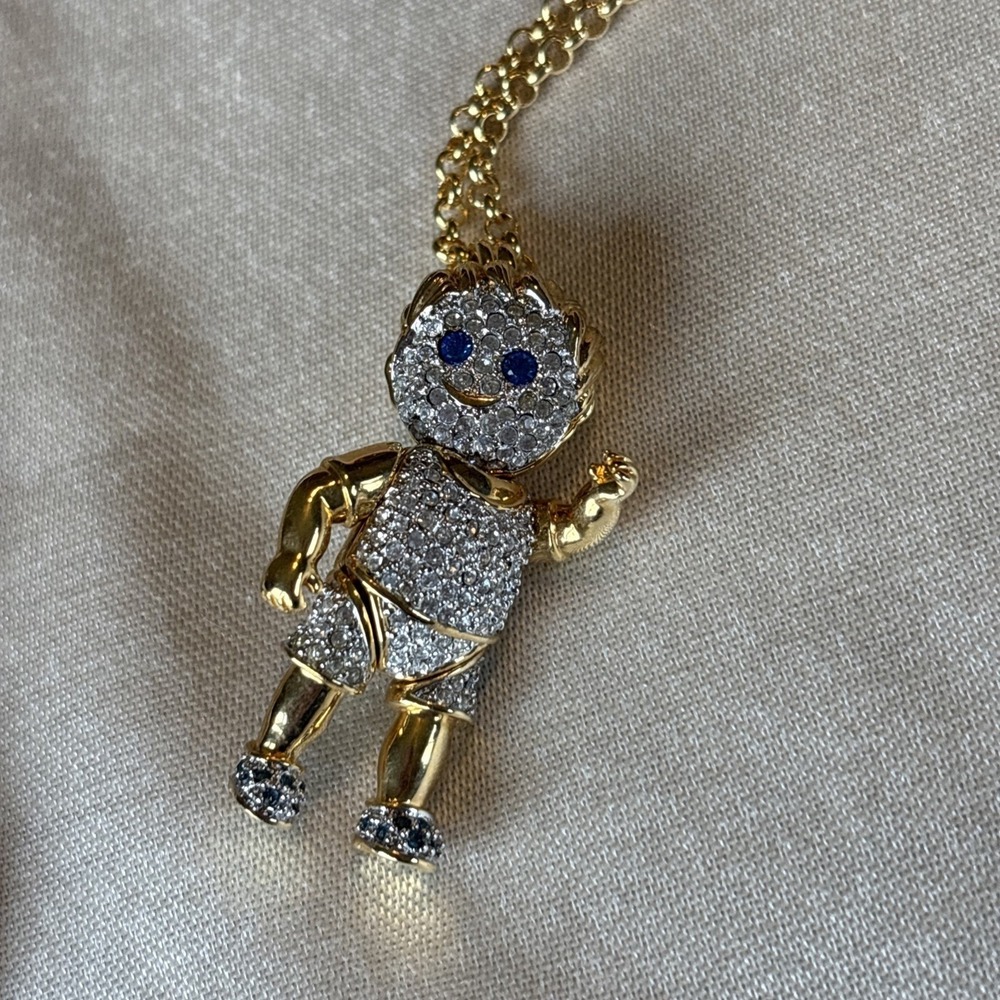 Vintage Articulated Boy Gold Tone pendant Rhinestone Eyes 1.5" Necklace